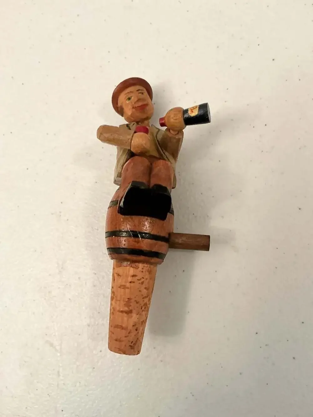 Vintage ANRI Hand Carved Wooden Man on Barrel Mechanical Bottle Stopper